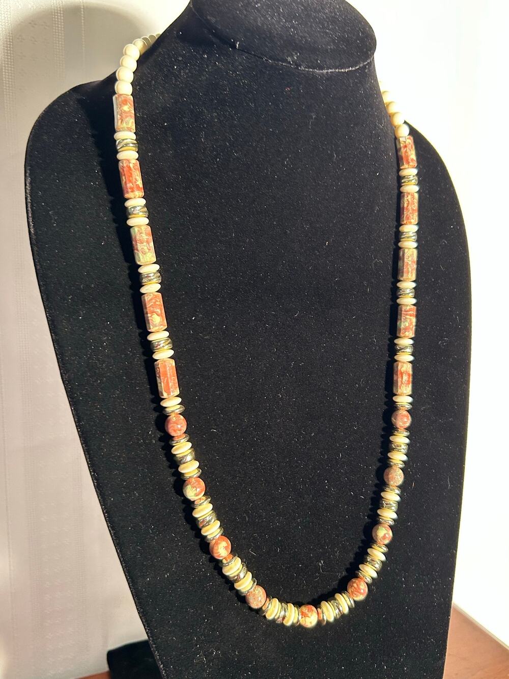Vintage Earthy Boho Multi Bead Necklace Rustic Gold Discs Rust & White 29"